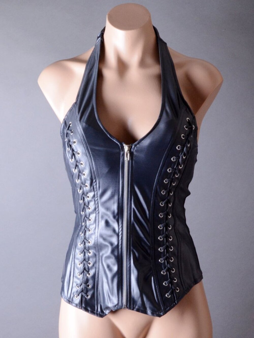 Dark Gray Wetlook Clubwear Sexy Halter Fitted Lace Up Punk Goth Corset Vest Top